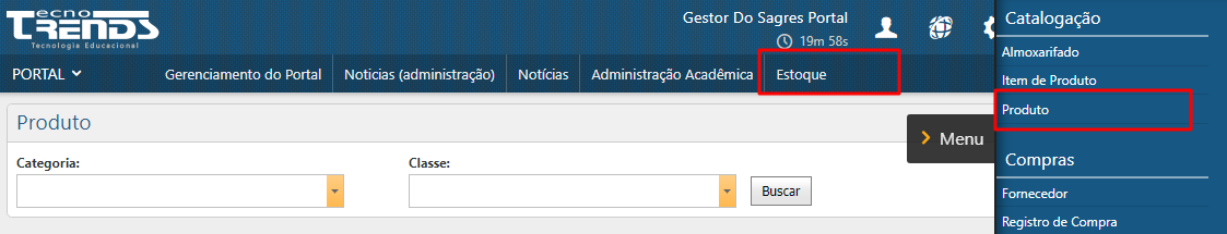 Menu Cadastro de ​Produtos