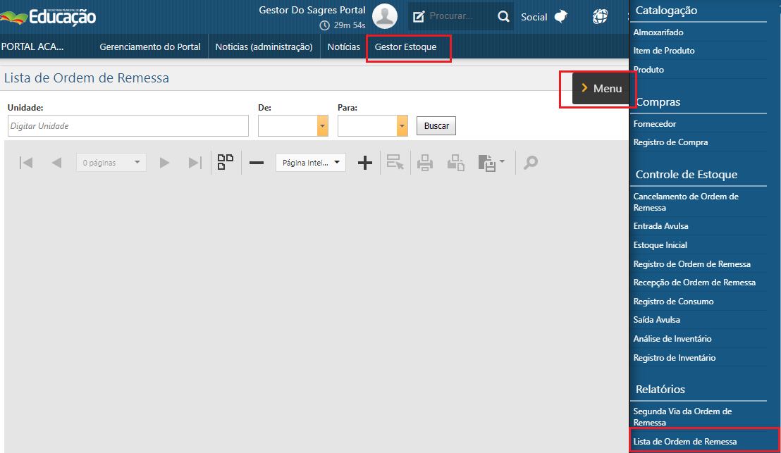 Menu​-Relatório - Lista de Ordem de Remessa - Menu​