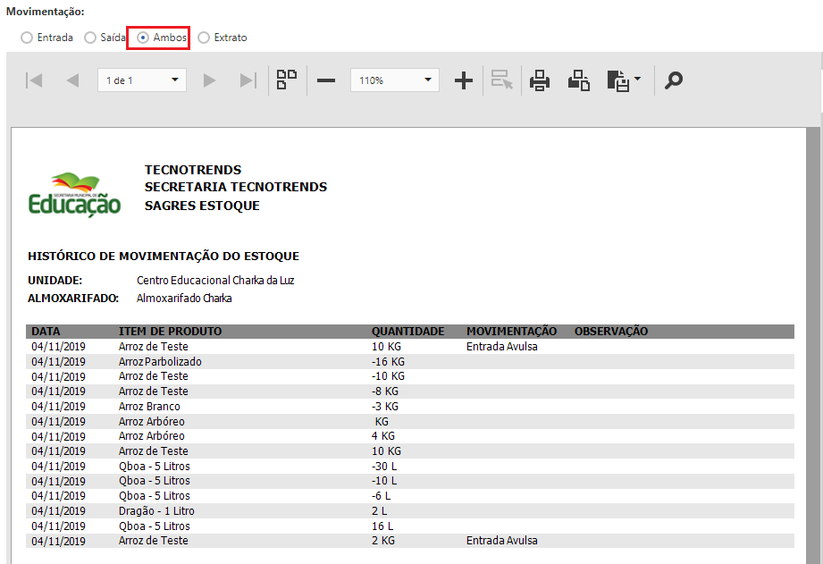 Histórico Movimentação - Opção Ambos