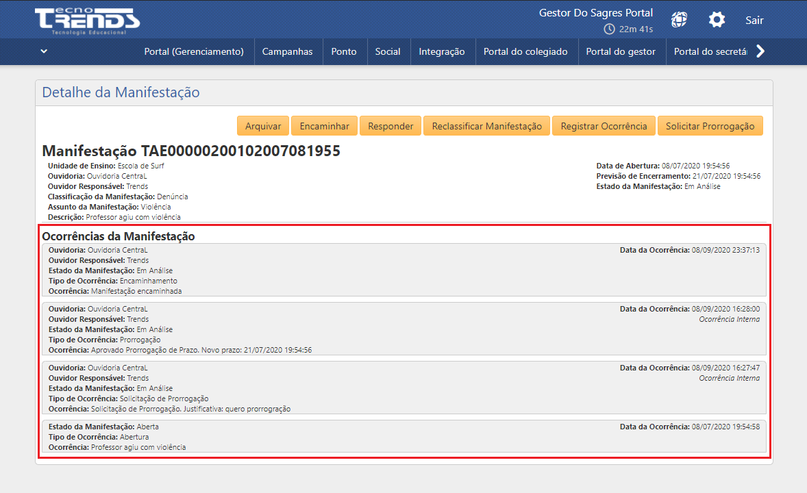 ocorrencias da manifestação