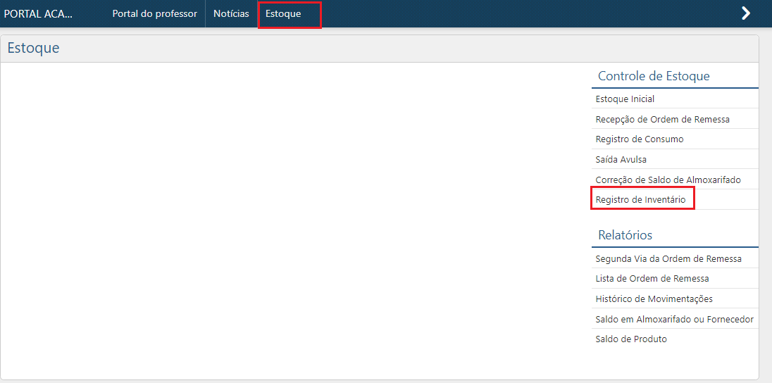 Menu Registro de Inventário