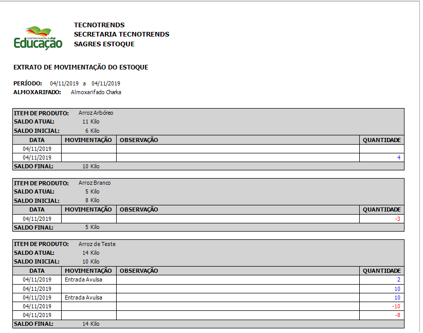 Histórico Movimentação - Opção Extrato