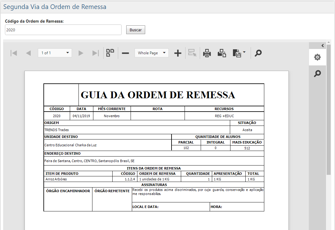 Exemplo de Guia de Ordem de Remessa ​​​​