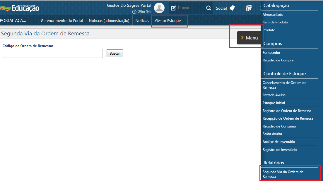​​Menu - Relatórios - Segunda Via da Ordem de Remessa