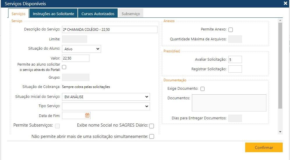 serviços disponíveis