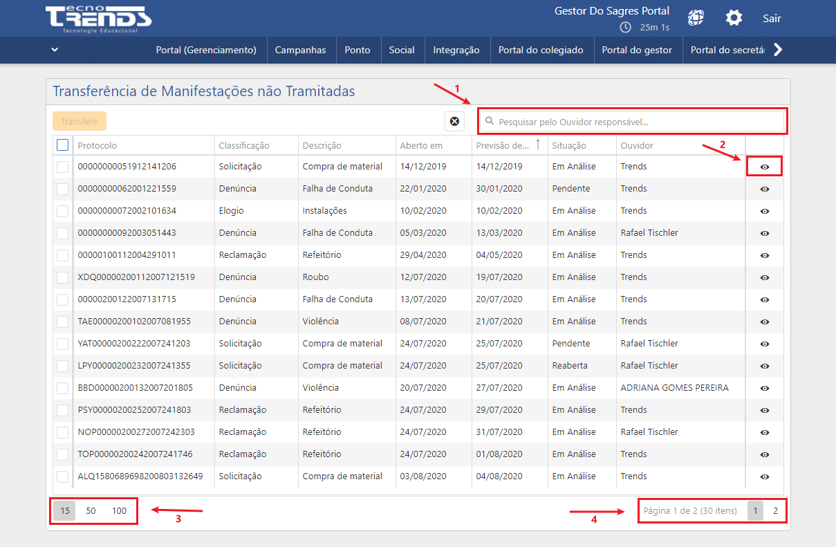 tranferência de manifestações